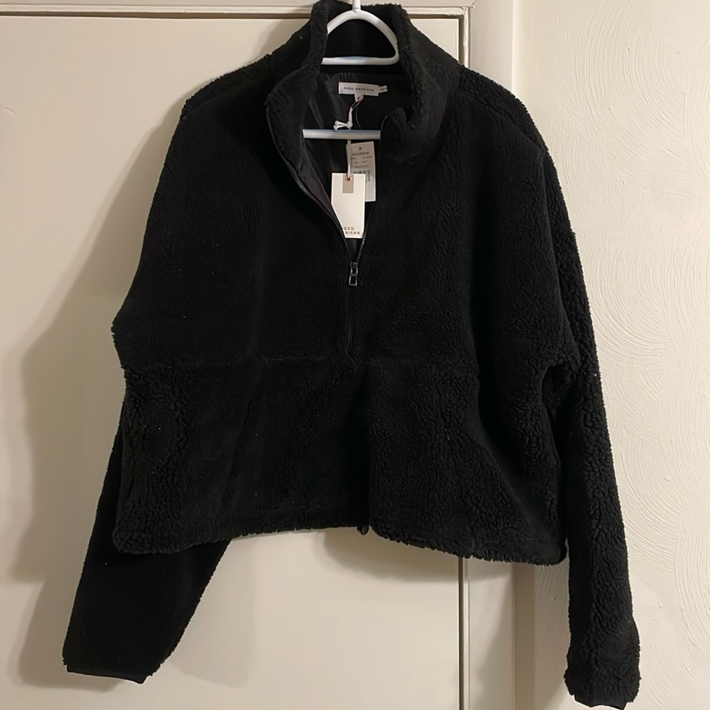 NWT Good American black Sherpa teddy 3/4 zip cropped jacket size 6